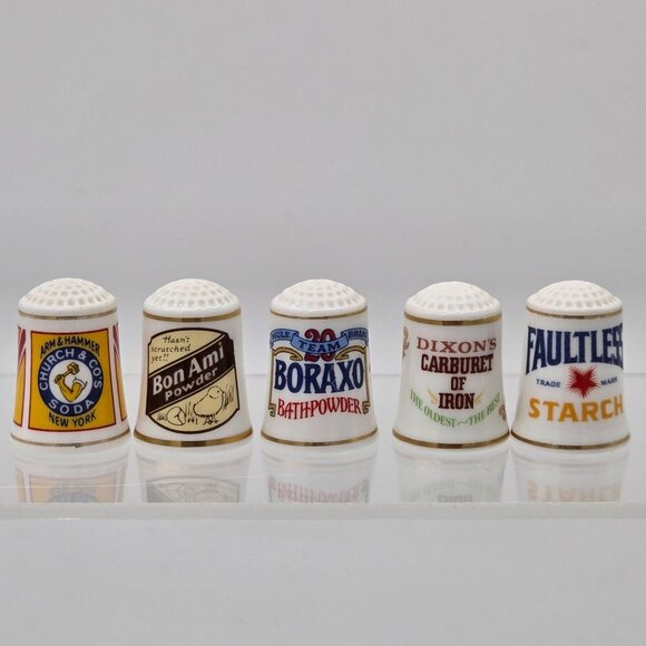 Country Store Advertising Thimbles Set of 25 and Info Cards W/ Wood Display Rack - Picture 11 of 16